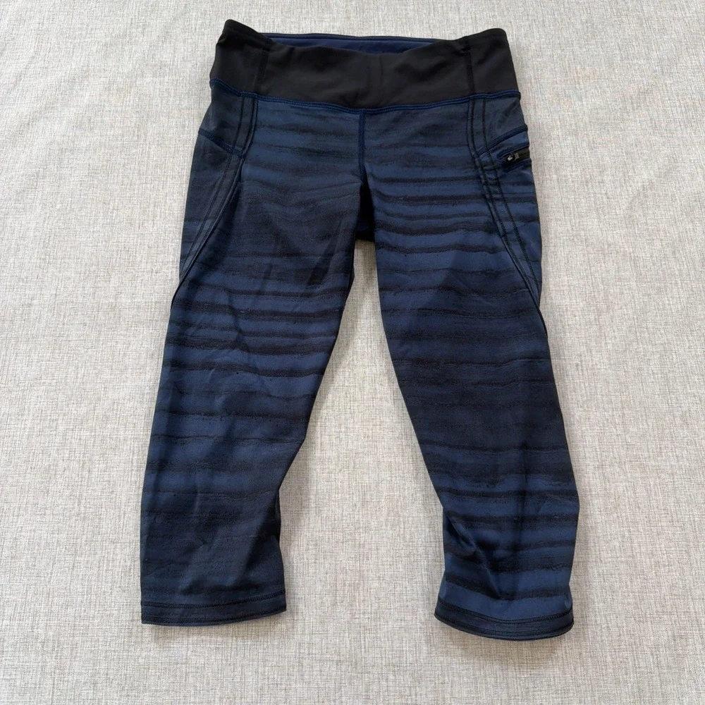 Lululemon Top Speed Crop Leggings Womens 4 Blue Black Athletic Running Gym